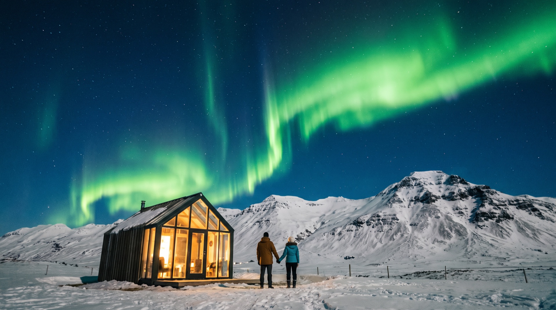 Aurora borealis di atas kabin kaca Islandia